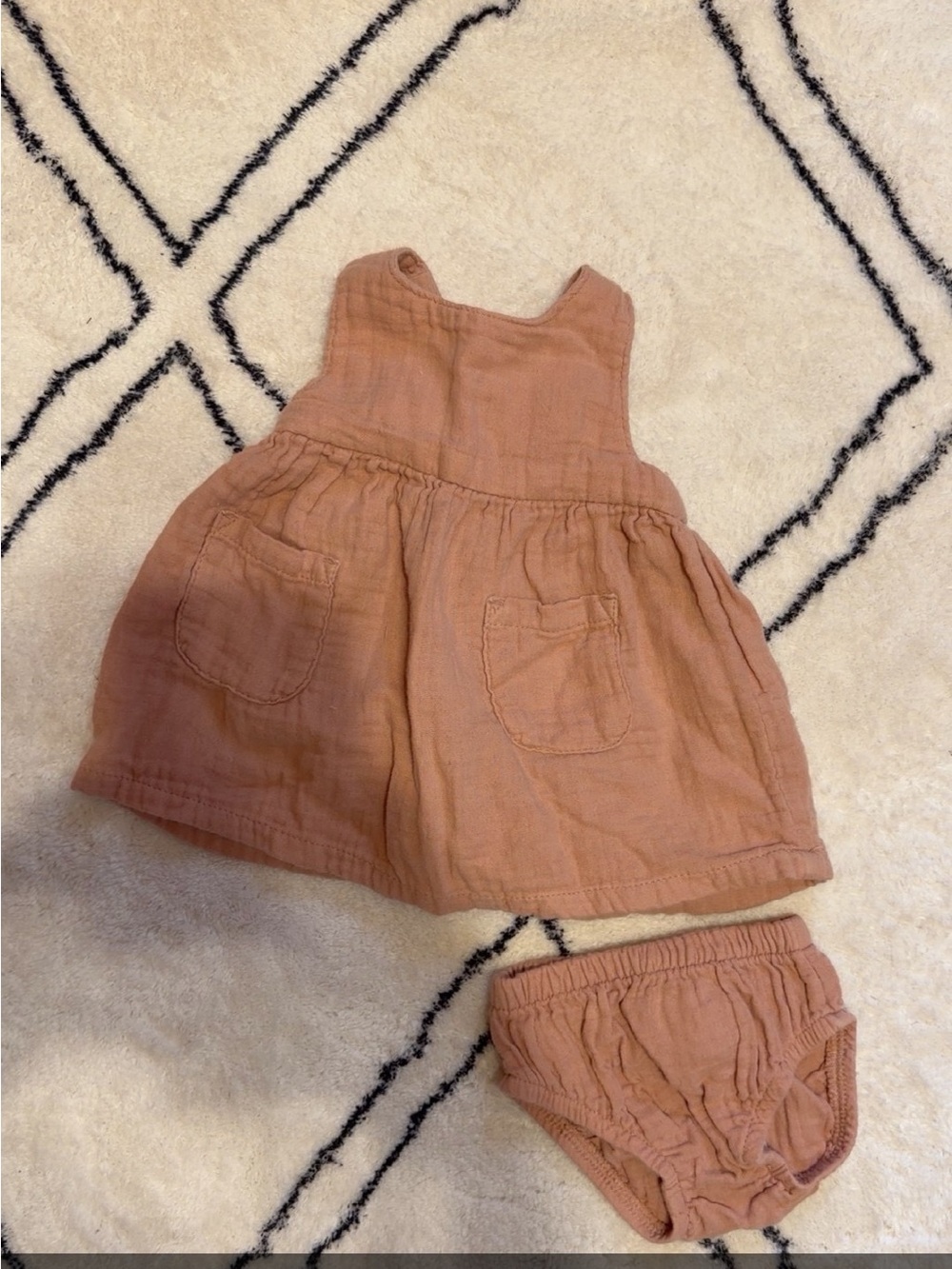 Baby Girl Pink-Tan Muslin Dress with Bloomers